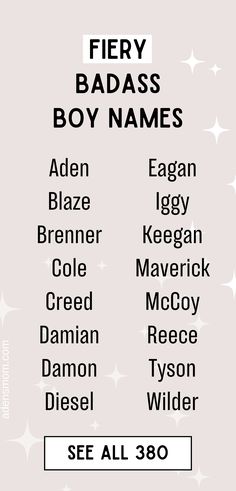 a poster with different types of names on it