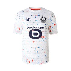 a white soccer jersey with blue and red paint splattered on the chest, in front of a white background