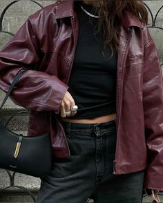 Leather Jacket 2024, Red Leather Jacket Outfit, Red Jacket Outfit, Burgundy Leather Jacket, Wool Felting, Downtown Outfits, Uni Outfits, Looks Street Style