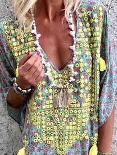 Bohemian Printed Colour V Neck Halflong Sleeve Dresses – Nayachic Spring Patterned V-neck Boho Dress, Printed V-neck Boho Dress For Festivals, Patterned Floral Print V-neck Boho Dress, Beach Boho Dress With 3/4 Sleeves, V-neck Boho Dress For Festivals, V-neck Boho Dress With Boho Print For Festivals, Summer Boho Beach Dress With 3/4 Sleeves, Summer Boho Dress With 3/4 Sleeves For Beach, Summer Beach Boho Dress With 3/4 Sleeves