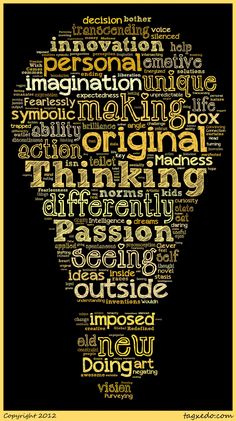 a light bulb made up of words on a black and yellow background with the word original written in different languages