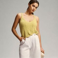 Anthropologie V-Neck Pointelle Lime Sweater Knit Tank Nwt Sz Xs Chic V-neck Knit Top For Vacation, Summer V-neck Knitted Top, Pointelle Knit V-neck Top For Day Out, Summer V-neck Knit Top For Vacation, Pointelle Knit V-neck Top For Vacation, Knit V-neck Crochet Top For Vacation, Chic V-neck Crochet Top For Day Out, Yellow Knitted V-neck Top, Chic Knitted V-neck Top