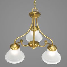 three light chandelier with white glass shades and gold accents on an isolated gray background