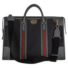 This Gucci Weekender Bag in black GG canvas and gold-tone hardware features leather trim and rolled handles and a single adjustable shoulder strap. The top open up to canvas lining and two interior pockets with a zip closure at top. Comes with 2 keys for the lock, leather tag, and original dustcover. Handle drop 4". Gucci Weekender, Louis Vuitton Suitcase, Chanel 90s, Black Leather Briefcase, Leather Briefcase Bag, Guccio Gucci, Gucci Outfits, Gg Monogram, Gucci Tote