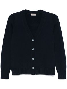 midnight blue virgin wool knitted construction front button fastening V-neck long sleeves ribbed cuffs and hem short side slits straight hem Yoko London, Iconic Bags, Exclusive Fashion, Ballet Flat Shoes, Ski Wear, Wool Cardigan, Lady Dior, Midnight Blue, Jacket Tops