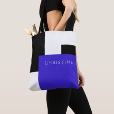 Get this minimalist modern tote with a pop of color in a simple yet bold cobalt blue, black, and white color block pattern.  It makes a striking display with graphic appeal and is ready to personalize with your name or other desired text. If you wish to remove the name and order the item without text, simply choose "personalize this template" and delete the sample name shown in the design template. Modern Blue Bags As Gifts, Modern Blue Bags For Gifts, Modern Blue Bag For Gifts, Color Block Pattern, Black And White Color, Block Pattern, Simple Colors, Minimalist Modern, Pattern Blocks