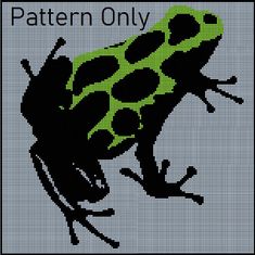 a green and black frog with the words pattern only on it's back side