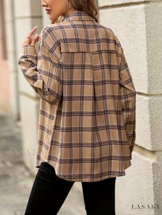 Lasaky - Womens Plaid Print Drop Shoulder Shirt: Versatile Long Sleeve Top with Patched Pocket Casual Brown Fall Blouse, Casual Beige Blouse For Fall, Drop Shoulder Shirt, Plaid Print, Womens Plaid, Drop Shoulder, Long Sleeve Top, Types Of Printing, Gingham