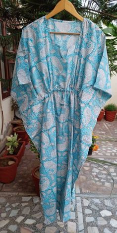 "These Kaftan we make from pure cotton Cambric Handblock print fabric. Handblock print gives it very unique look Size= Length 52\" Free size in chest . ." Summer Blue Cotton Kaftan, Traditional Summer Home Dress, Bohemian Blue Sleepwear For Vacation, Blue Bohemian Sleepwear For Vacation, Blue Cotton Kaftan For Loungewear, Blue Cotton Kaftan For Vacation, Blue Cotton Kaftan For The Beach, Blue Cotton Kaftan For Beachwear, Blue Cotton Kaftan For Beach Cover-up