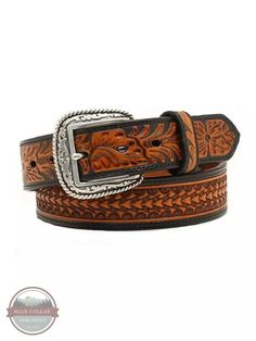 Ariat A1020867 Floral Embossed Belt in Black & Tan Front View Floral Belt, Tan Leather Belt, Wide Leather Belt, Men's Belt, Belt Size, Black Tan, Belt Buckle, Black Belt, Mens Belts