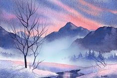 a watercolor painting of mountains, trees and a river at sunset with clouds in the sky