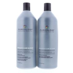 Pureology Strength Cure Best Blonde Purple Shampoo & Conditioner Liter Duo set. Created with violet toning properties, the Strength Cure Best Blonde Shampoo + Conditioner Duo is the perfect pair for your best blonde yet. The sulfate-free purple shampoo helps tone blonde and lightened color-treated hair and neutralizes ashy, brassy tones while the toning purple conditioner provides ultimate strength and moisture to damaged hair. This purple shampoo and toning conditioner duo also strengthens and Best Blonde Shampoo, Blonde Shampoo, Purple Conditioner, Purple Shampoo And Conditioner, Purple Shampoo, Brittle Hair, Moisturize Hair, Color Treated Hair, Sulfate Free