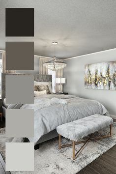 the interior of a bedroom with neutrals and gray colors on the walls, carpeted flooring and furniture