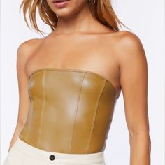 Timing Brand Size M Pu Leather New Never Worn Chic Brown Fitted Tube Top, Chic Fitted Brown Tube Top, Chic Brown Tube Top For Night Out, Strapless Brown Tube Top For Night Out, Chic Beige Corset For Night Out, Brown Strapless Tube Top For Party, Leather Bodysuit, Suede Top, Suede Tops