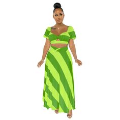 Striped Short Sleeve Crop Top and Long Maxi Skirt Set Green Two-piece Set For Day Out, Green Two-piece Skirt For Beach, Green Two-piece Skirt For The Beach, Two-piece Green Skirt For Beach, Maxi Skirt Set, Long Maxi Skirt, Short Sleeve Crop Top, Long Maxi Skirts, Striped Short