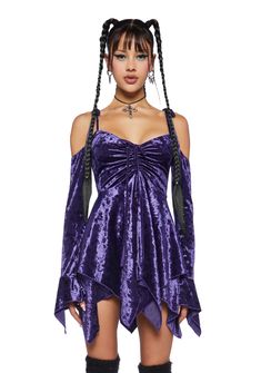 Current Mood Off The Shoulder Velvet Handkerchief Mini Dress - Purple Halloween Costume Boots, Rave Fit, Current Mood Clothing, Pixie Outfit, Wedding Dresses High Low, Fairy Clothes, Purple Halloween, Handkerchief Dress, School Clothes