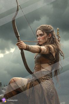 a woman with long hair holding a bow and arrow in front of a cloudy sky