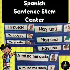 spanish sentence center with pictures and words to describe the verbs in each language, which are