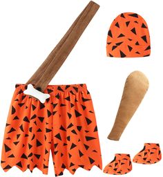 an orange outfit with black triangles on it and a baseball bat next to it,