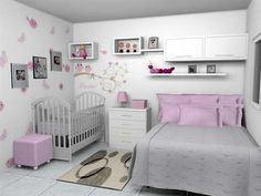 a baby's room with pink and white decor on the walls, crib, dressers, and bed