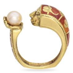 Weight: 14.7 Grams Stone: Enamel, Pearl (6.5 mm) Face of Ring:  26.8 x 10.7 x 8.66 mm Ring Size: 8 Hallmark: Jaclyn 20-50, 18K Item #: BR-1404-091624-02 Art Deco Yellow Gold Enamel Ring For Formal Occasions, Art Deco Formal Yellow Gold Enamel Ring, Formal Yellow Gold Art Deco Enamel Ring, Formal Art Deco Yellow Gold Enamel Ring, Unique Yellow Gold Enamel Ring For Formal Occasions, Luxury Yellow Gold Pearl Ring With Cabochon, Luxury Inlay Rings For Anniversary, Gold Enamel Ring With Inlay, Elegant Enamel Ring With Inlay