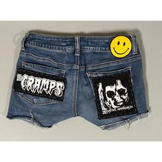 Blue Distressed Stone-Washed ‘The Cramps’ ‘Negative Approach’ Punk Band Patches Studded Stretch Denim Jean Shorts Bottoms Size 2 Waist: 13.5 In. #Thecramps #Negativeapproach #Punk #Jean #Shorts Fitted Cutoff Bottoms For Streetwear, Edgy Jean Shorts For Streetwear With Pockets, Edgy Jean Shorts With Pockets For Streetwear, Rock Style Bottoms For Spring Streetwear, Punk Cotton Bottoms With Frayed Hem, Punk Style Cotton Bottoms With Frayed Hem, Edgy Cutoff Streetwear Bottoms, Edgy Cutoff Bottoms For Streetwear, Fitted Cutoff Shorts For Streetwear