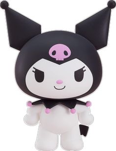 a black and white figure with pink eyes