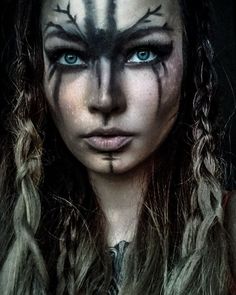 Viking Face Paint, Warrior Makeup, Viking Makeup, Wolf Woman, Vikings Halloween, Viking Warrior Woman, Viking Aesthetic, Viking Cosplay, Woman With Long Hair