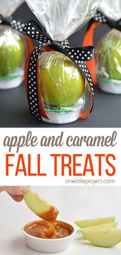 an apple and caramel fall treat with apples in the background