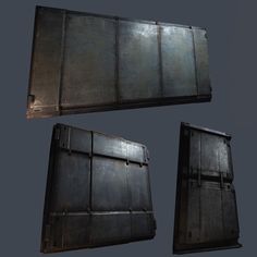 three different views of an old metal box on a gray background with clippings