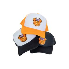 "👻 Be halloween ready with our Minnie Ears Halloween Hat! This adorable halloween hat features a genuine Minnie pumpkin chenille patch. This hat is a great Halloween gift or a great Halloween theme park hat. Each chenille patch is secured with professional-grade adhesive and a heat press to ensure a secure bond. The trucker hat is a high quality, mid profile, 5-panel hat with a built in sweat band.  The fit is perfect for men or women, yet it still fits women well & is not too big, bulky, and i Minnie Pumpkin, Cute Trucker Hat, Halloween Hat, Chenille Patch, Sweat Band, 5 Panel Hat, Halloween Hats, Fits Women, Panel Hat