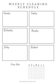 Blank free printable weekly cleaning schedule template with spaces to fill out a house cleaning checklist for chores. Document with days of week — Monday, Tuesday, Wednesday, Thursday, Friday and Weekend. Cleaning Schedule Blank, Get Your House In Order, Daily Cleaning Schedule