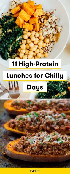 some food that is sitting on top of a table with the words 11 high protein lunches for chilly days