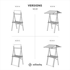 four different views of an outdoor table and chair, with the measurements shown below them