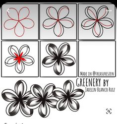 four different flower designs with red and black lines on them, each one being drawn by hand