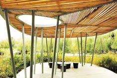 an outdoor covered area with benches and plants