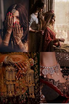 different types of bridal jewelry are shown in this collage, including hands and feet