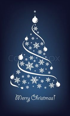 a christmas tree with snowflakes and baubs on it's blue background