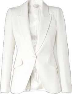 White Structured Blazer With Concealed Placket, Semi-formal White Blazer With Concealed Placket, White Semi-formal Blazer With Concealed Placket, White Blazer With Concealed Placket For Semi-formal Occasions, White Fitted Structured Blazer, White Blazer With Concealed Placket, Chic White Blazer With Pressed Crease, White Suit With Concealed Placket For Office, White Office Suit With Concealed Placket