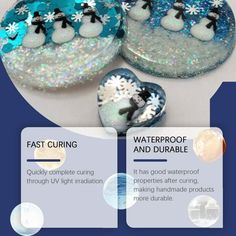 the instructions for making snow globes are shown in blue and white colors, with text below