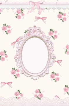 an ornate frame with pink roses and bows