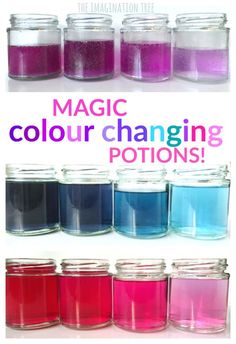 jars filled with different colored liquids and the words magic color changing pots on them