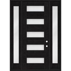 an image of a black door with frosting on the glass and side panels,