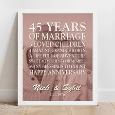 a pink poster with the words 45 years of marriage and an image of two people