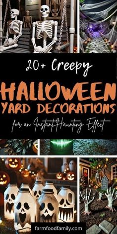 halloween yard decorations with text overlay that reads, 20 creepy halloween yard decorations for an ugly