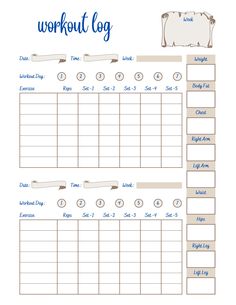 a workout log is shown in this printable planner for the gym and exercise room