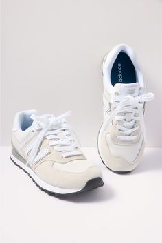 Chic and retro-inspired, the 574 Sneaker by New Balance is crafted in neutral suede with a cushioned midsole that will take you from workout to weekend with ease. Cream New Balance, New Balance 574 Womens, Preppy Shoes, Europe Winter, New Balance 574, New Balance Sneakers, New Balance Women, Comfortable Flats