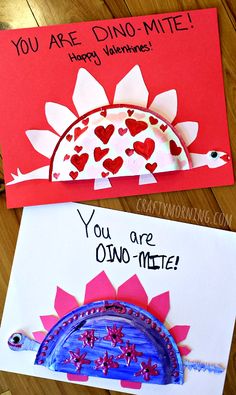 two valentine's day cards, one with a paper plate and the other with a card saying you are dino - mite