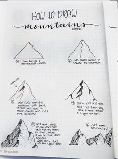 an open book with instructions on how to draw mountains