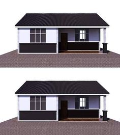 two renderings of the front and back of a small house with windows on each side